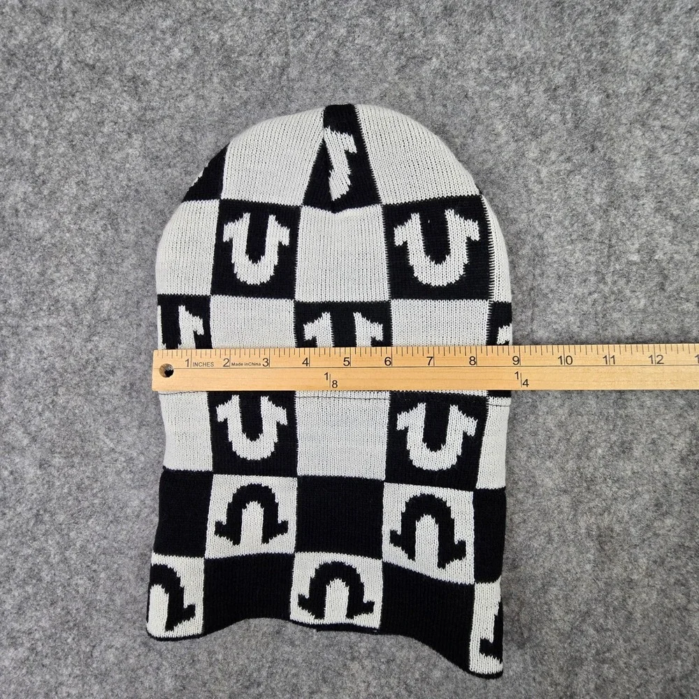 True Religion Beanie Unisex OS Black White Checkered Logo Faux Fur Lined Hat